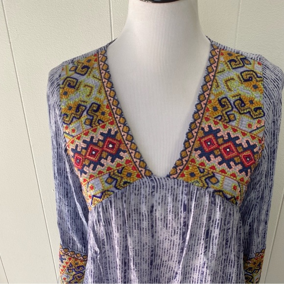 Anthropologie Bhanuni Jyoti Linne Embroidered Tunic Dress Blue Boho Size XS - Picture 4 of 16